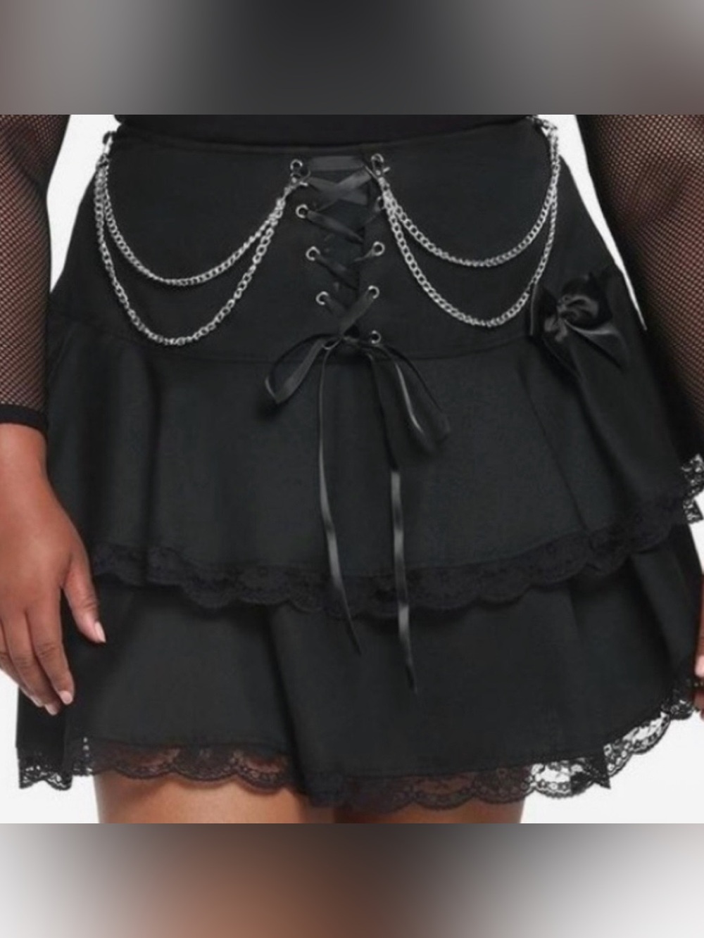 Black Lace-Up Chain Tiered Mini Skirt - Women's